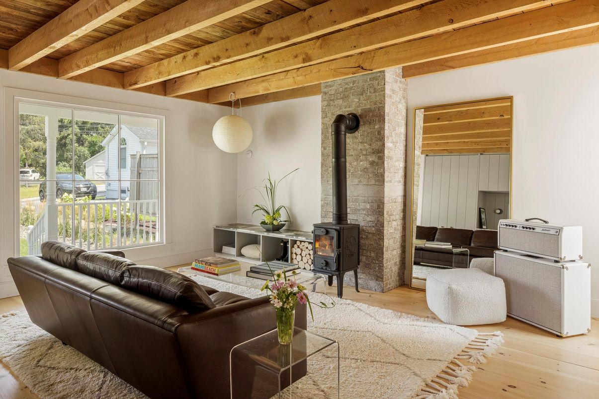 Fireplace, Interior, Living room, Pendant Lights, Stone Walls, Wooden Beams, Wooden Ceilings, Wood Texture Flooring