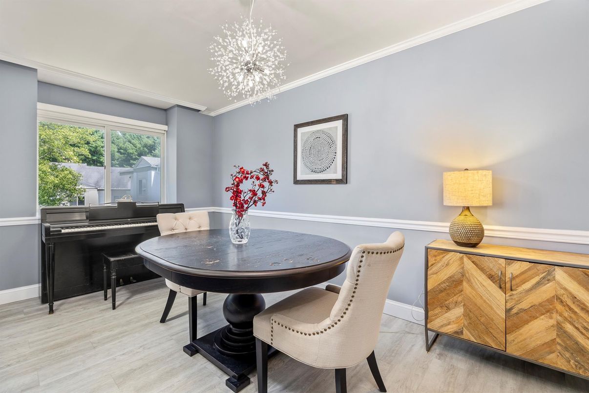 Dining room, Interior, Pendant Lights, Piano, Wood Texture Flooring