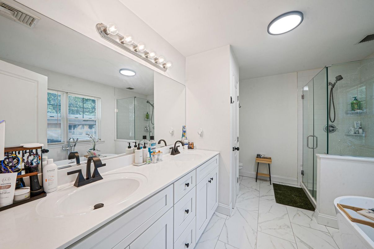 Bathroom, Dual Sink Vanities, Glass Shower, Interior, Marble, Recessed Lighting