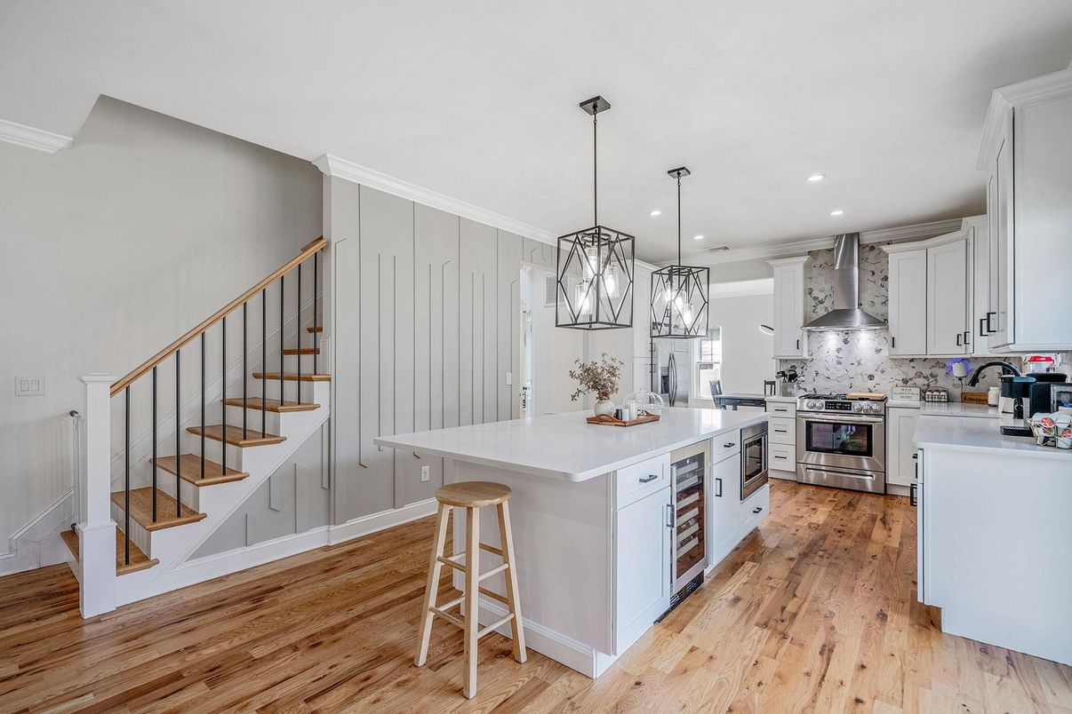 Interior, Kitchen, Pendant Lights, Recessed Lighting, Stainless Steel Appliances, Wood Texture Flooring