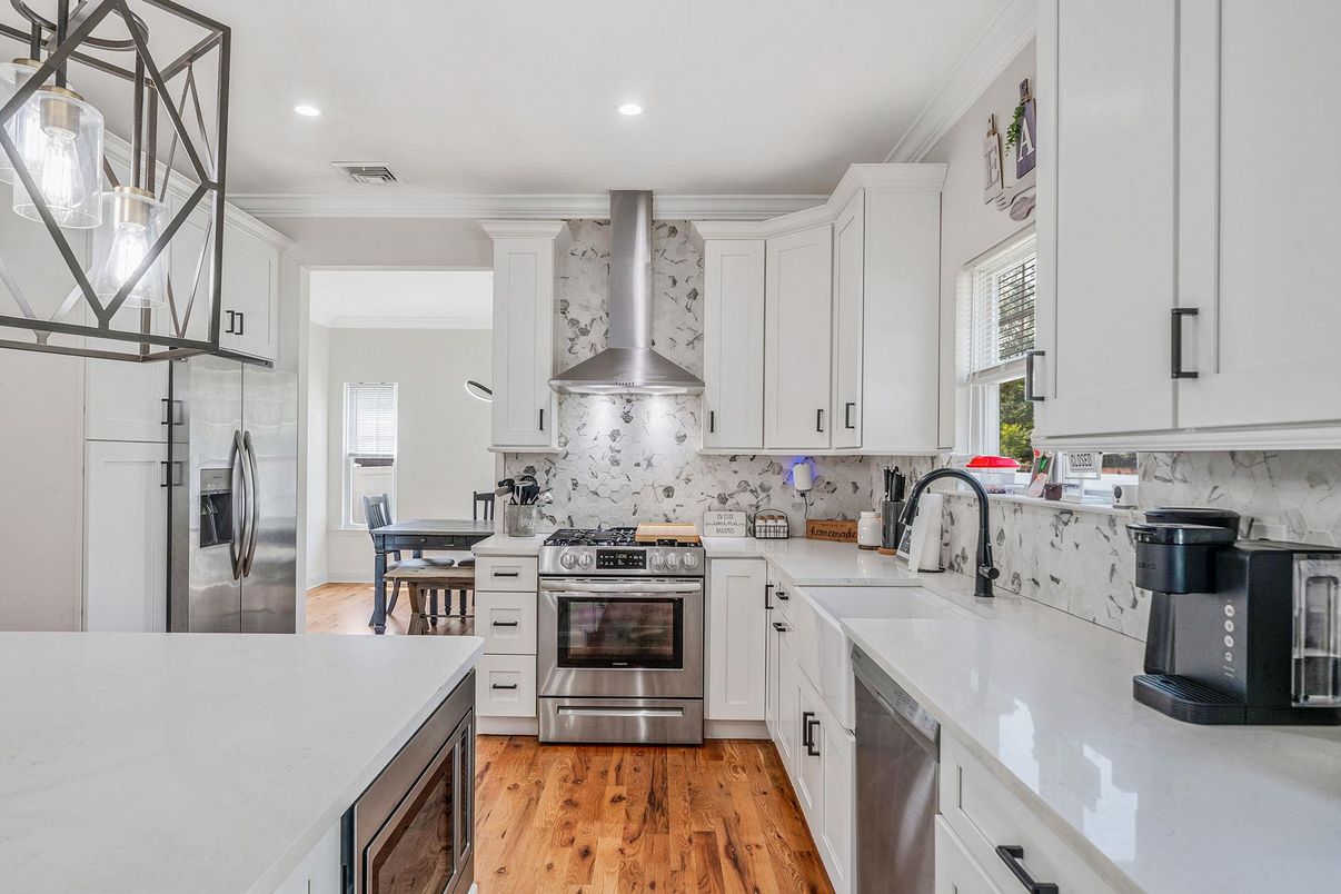 Interior, Kitchen, Recessed Lighting, Stainless Steel Appliances, Wood Texture Flooring