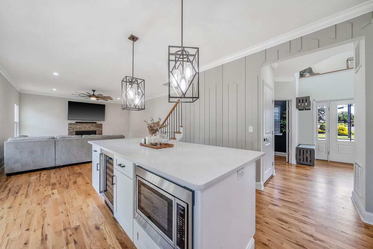 Fireplace, Interior, Kitchen, Living room, Pendant Lights, Recessed Lighting, Wood Texture Flooring
