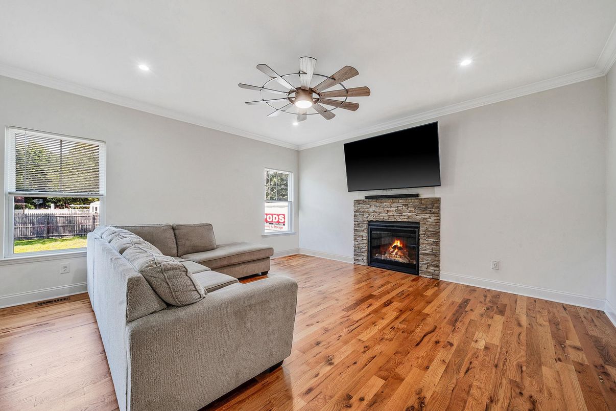Fireplace, Interior, Living room, Recessed Lighting, Wood Texture Flooring