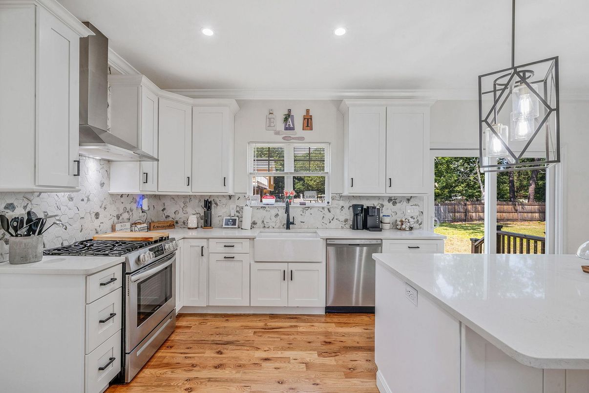 Interior, Kitchen, Pendant Lights, Recessed Lighting, Stainless Steel Appliances, Wood Texture Flooring