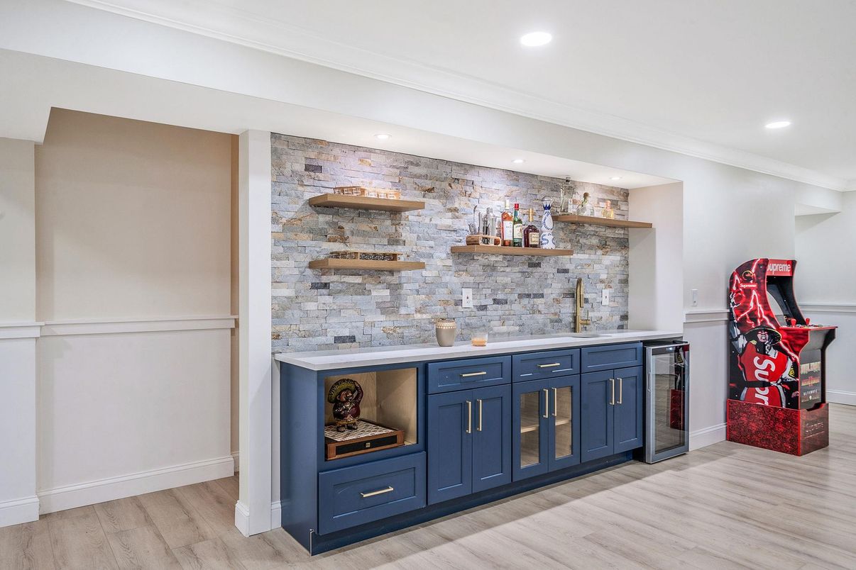 Interior, Recessed Lighting, Stone Walls, Wood Texture Flooring