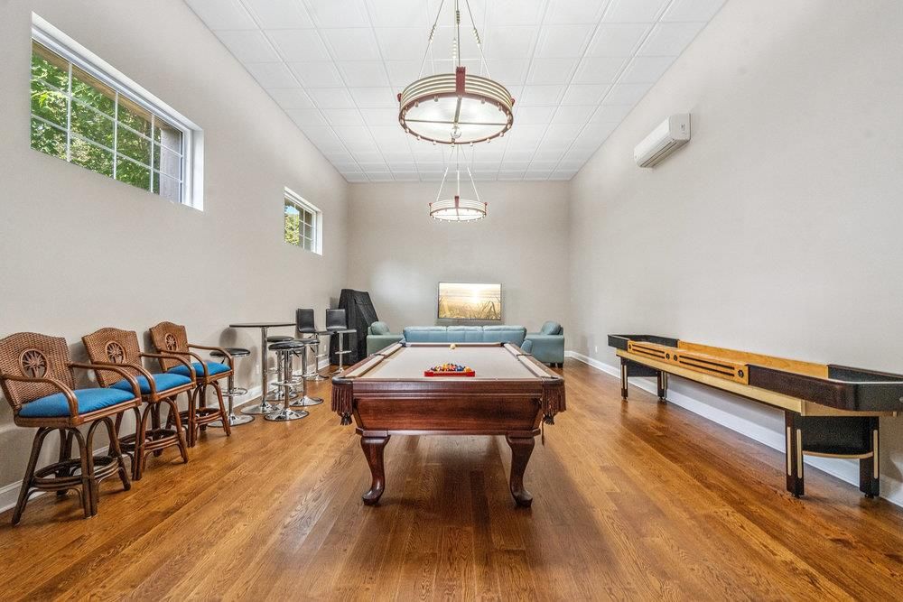 Billiard Table, Game Room, Interior, Pendant Lights, Wood Texture Flooring