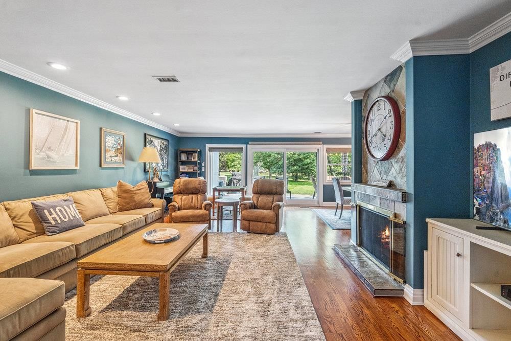 Fireplace, Interior, Living room, Recessed Lighting, Wood Texture Flooring