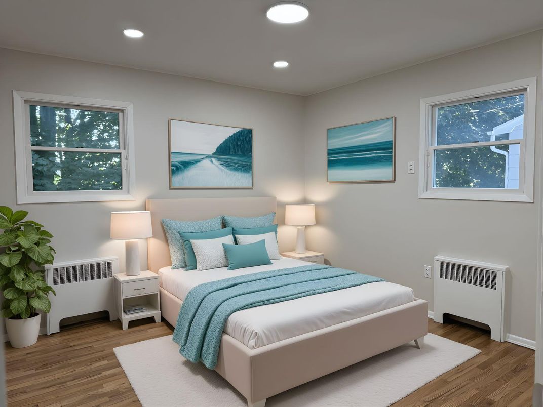 Bedroom, Interior, Recessed Lighting, Wood Texture Flooring