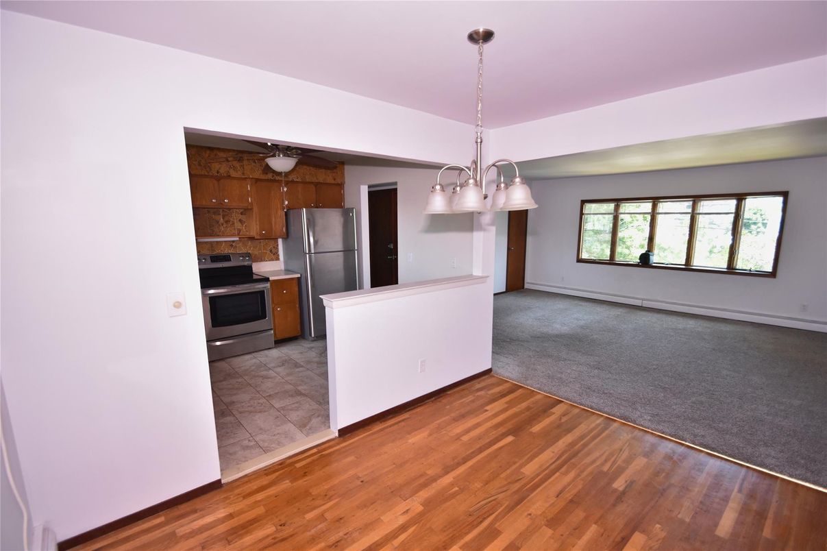Chandelier, Empty room, Interior, Kitchen, Pendant Lights, Wood Texture Flooring