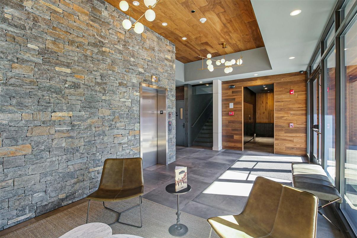 Elevator, Interior, Pendant Lights, Recessed Lighting, Stone Walls, Wooden Ceilings, Wooden Walls
