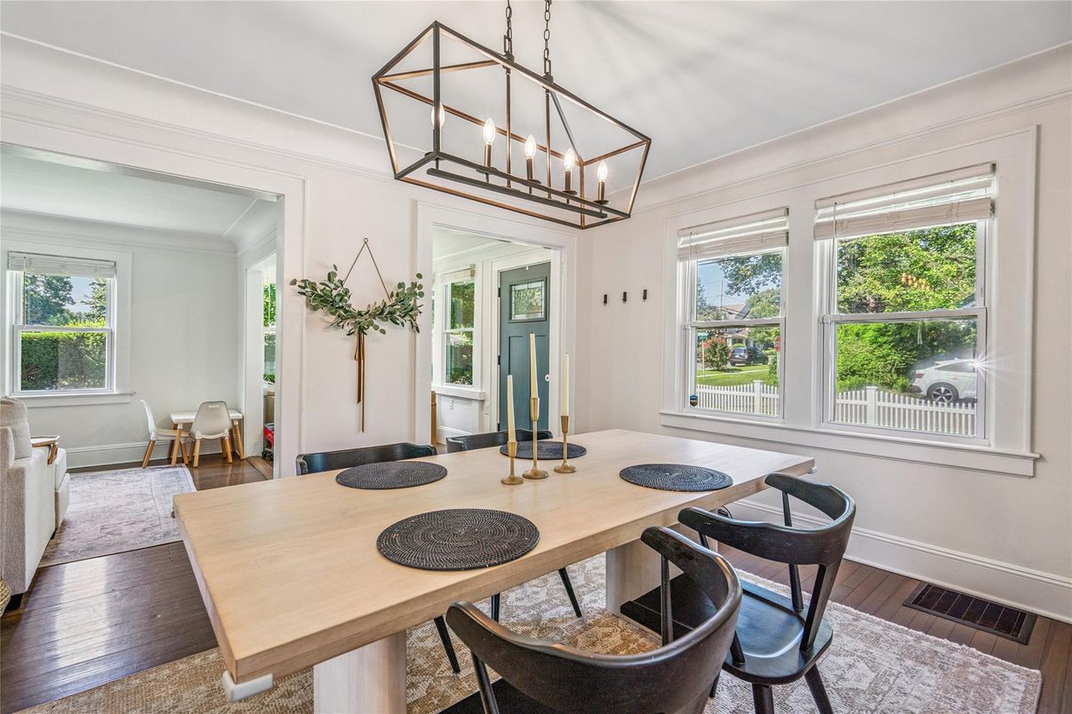 Dining room, Interior, Pendant Lights, Wood Texture Flooring