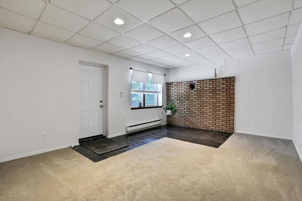Empty room, Fireplace, Interior, Recessed Lighting, Stone Walls