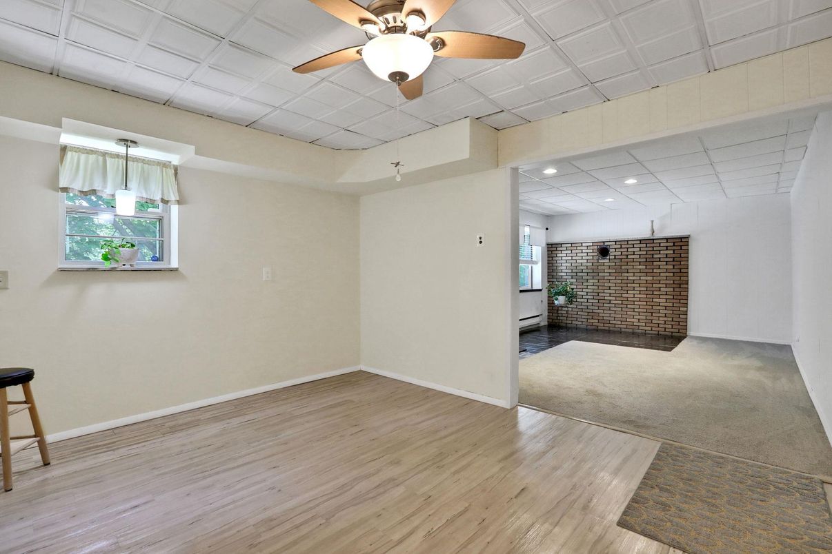 Empty room, Interior, Recessed Lighting, Stone Walls, Wood Texture Flooring