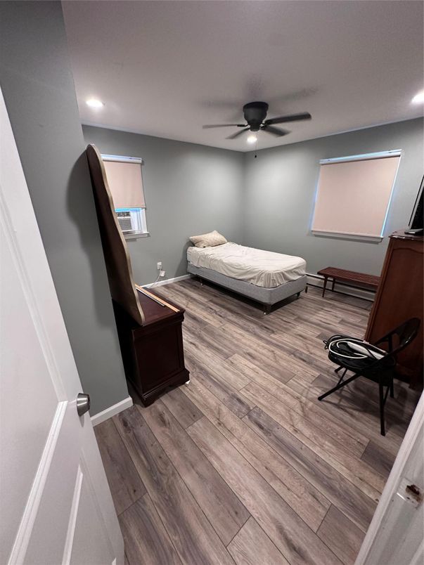 Bedroom, Interior, Recessed Lighting, Wood Texture Flooring