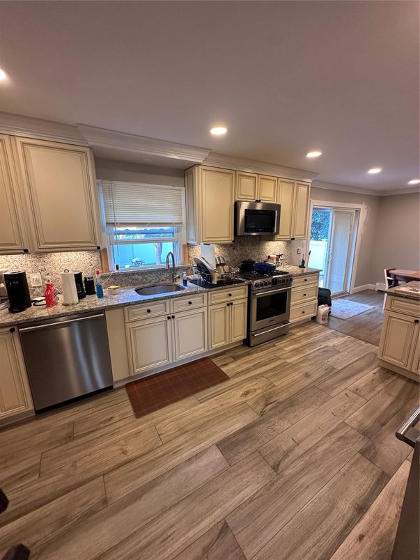 Interior, Kitchen, Recessed Lighting, Stainless Steel Appliances, Wood Texture Flooring