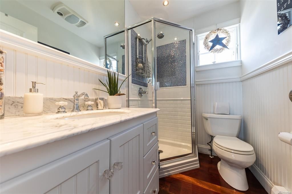 Bathroom, Glass Shower, Interior, Recessed Lighting, Wood Texture Flooring