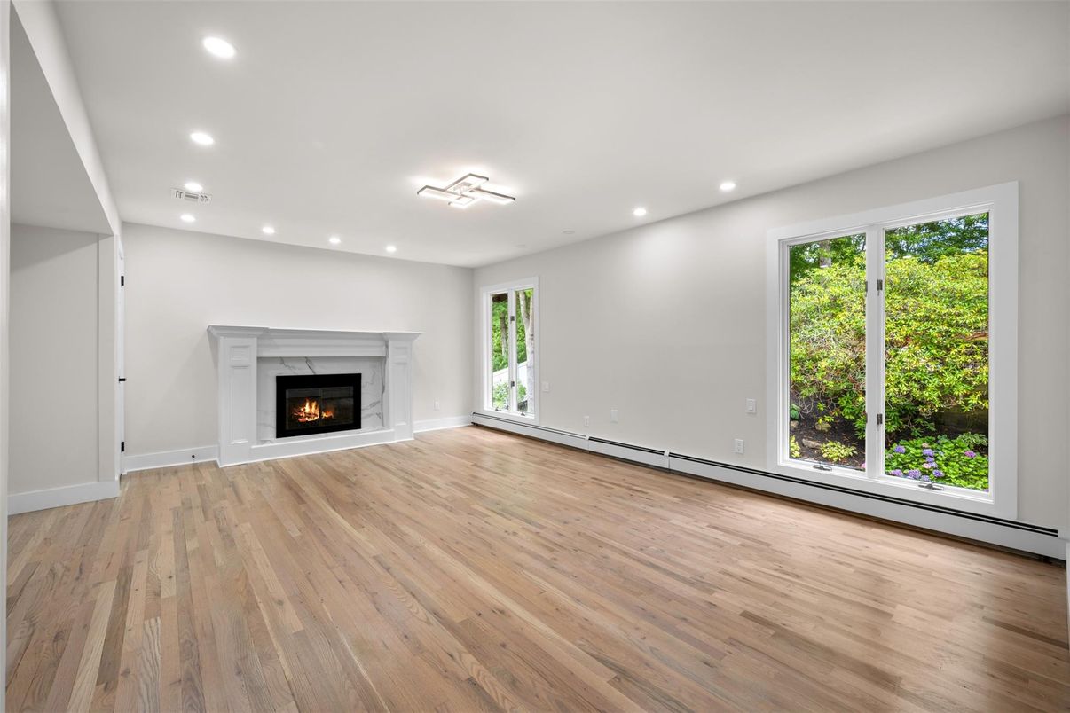Empty room, Fireplace, Interior, Recessed Lighting, Wood Texture Flooring