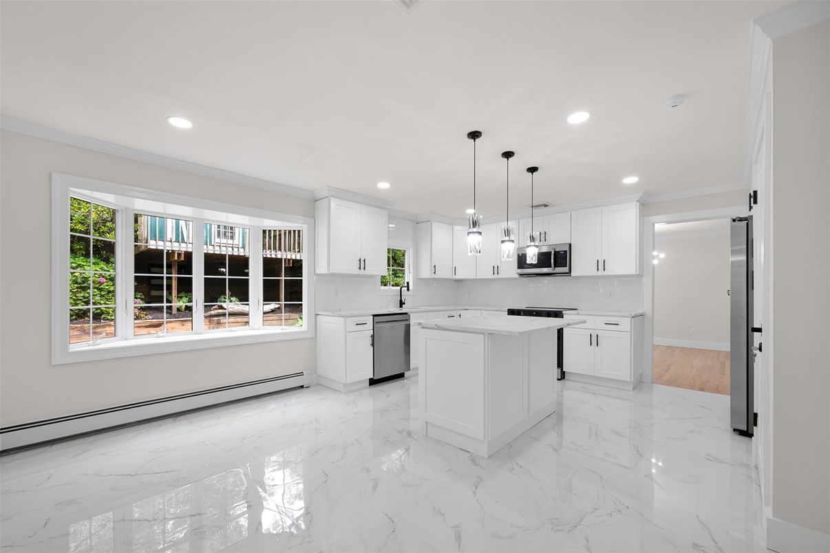 Interior, Kitchen, Marble, Pendant Lights, Recessed Lighting, Stainless Steel Appliances