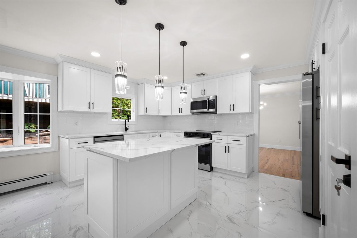 Interior, Kitchen, Marble, Pendant Lights, Recessed Lighting, Stainless Steel Appliances