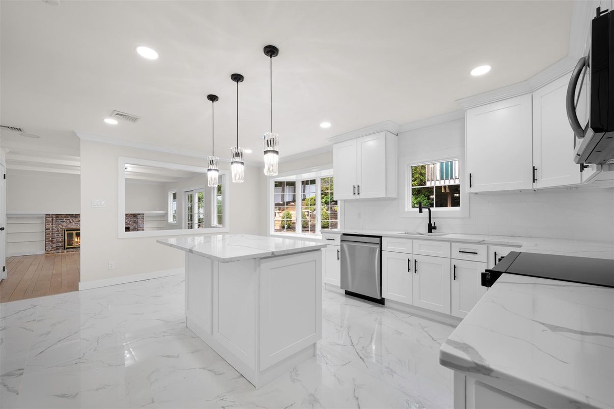 Fireplace, Interior, Kitchen, Marble, Pendant Lights, Recessed Lighting, Stainless Steel Appliances