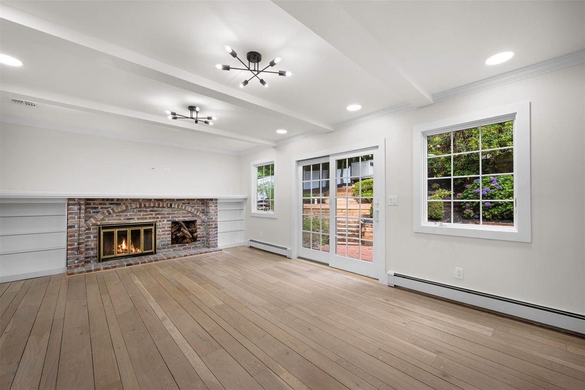 Empty room, Fireplace, Interior, Pendant Lights, Recessed Lighting, Wood Texture Flooring