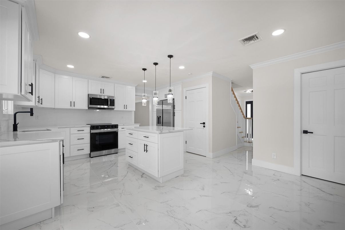 Interior, Kitchen, Marble, Pendant Lights, Recessed Lighting, Stainless Steel Appliances