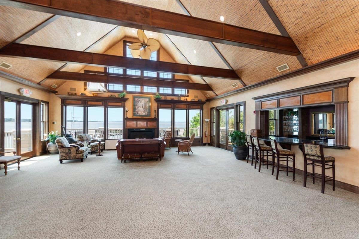 Fireplace, Interior, Living room, Recessed Lighting, Wooden Beams