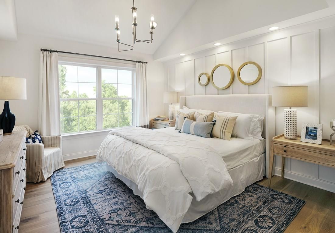 Bedroom, Chandelier, Interior, Recessed Lighting, Wood Texture Flooring