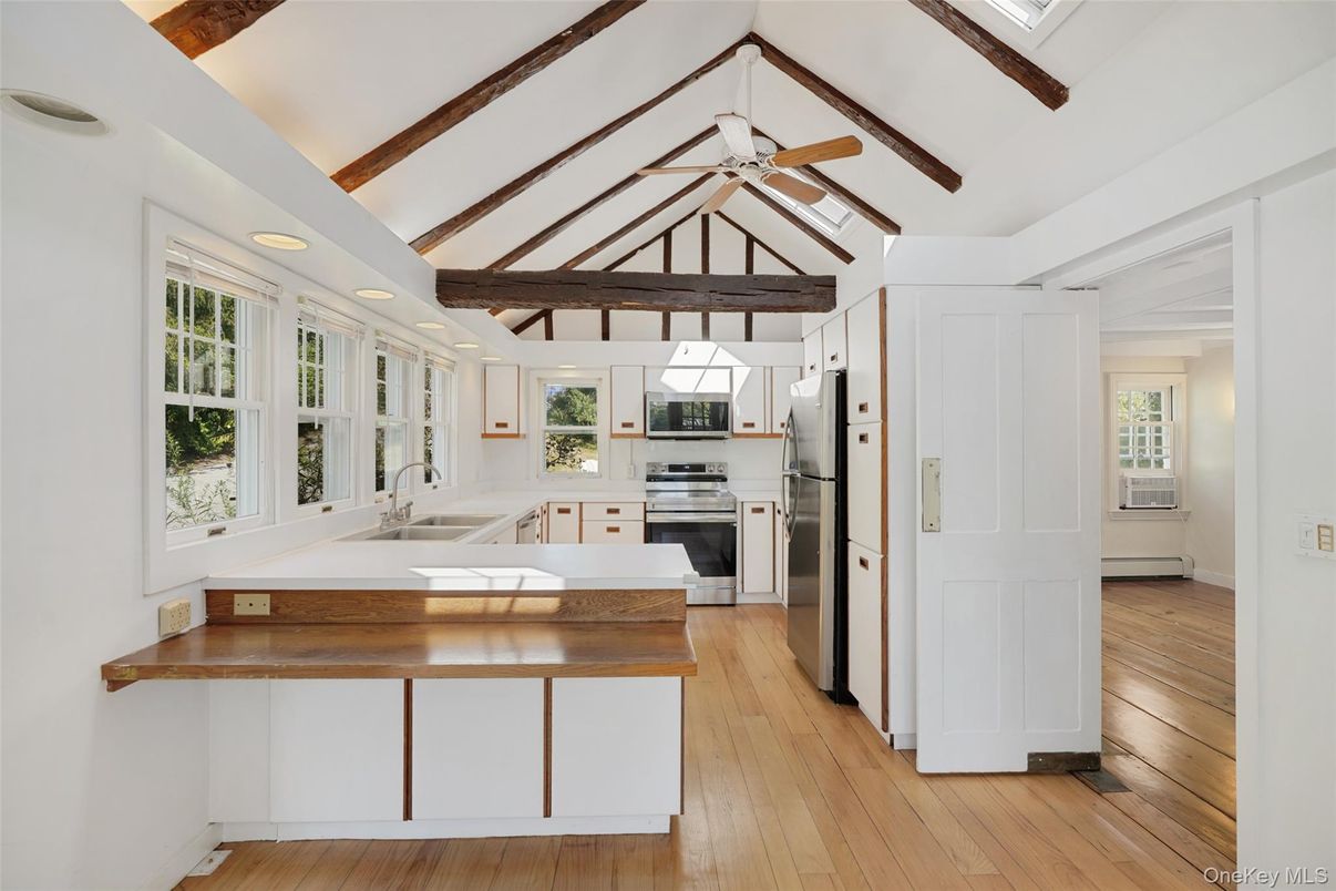 Interior, Kitchen, Recessed Lighting, Stainless Steel Appliances, Wooden Beams, Wood Texture Flooring
