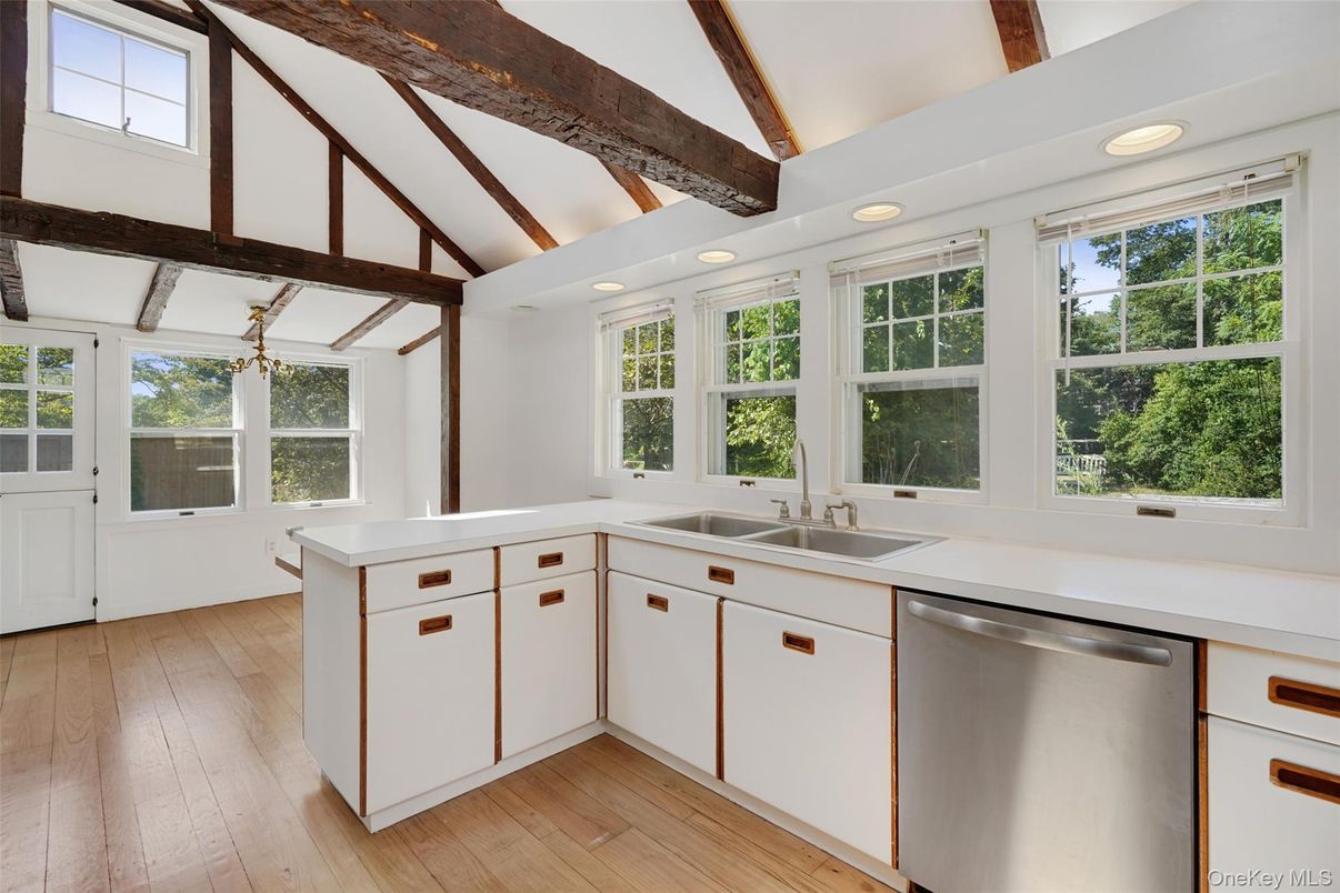 Interior, Kitchen, Recessed Lighting, Stainless Steel Appliances, Wooden Beams, Wood Texture Flooring