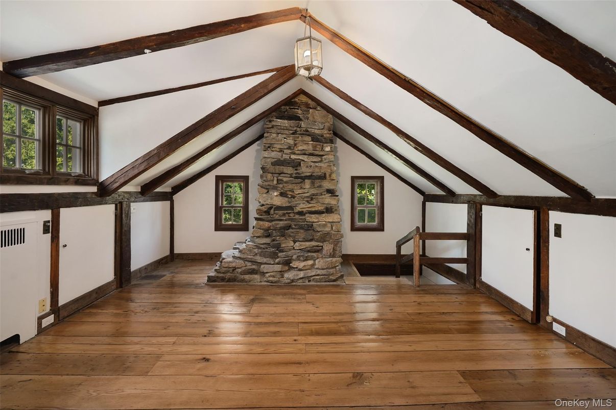 Empty room, Fireplace, Interior, Wooden Beams, Wood Texture Flooring