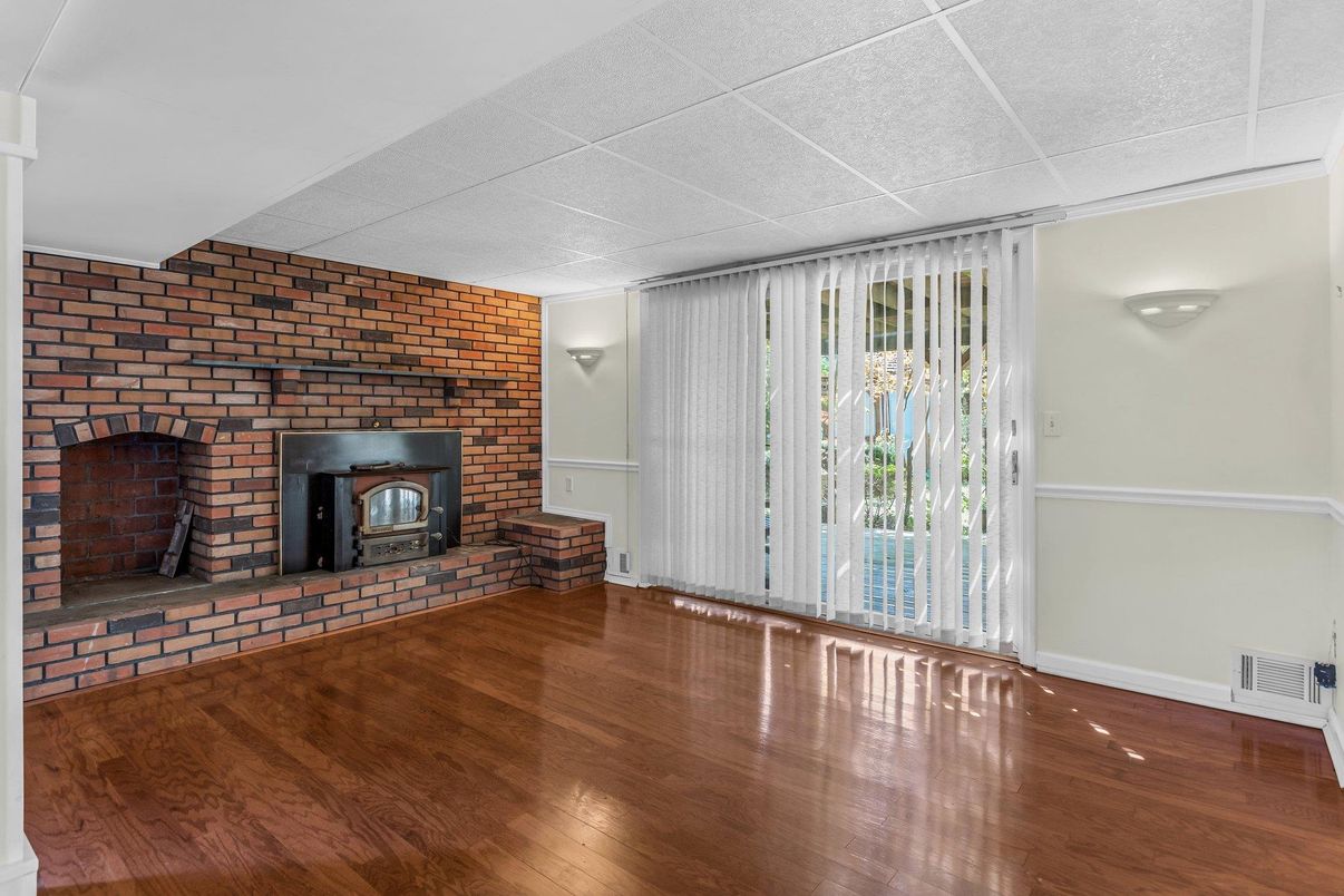 Empty room, Fireplace, Interior, Stone Walls, Wood Texture Flooring