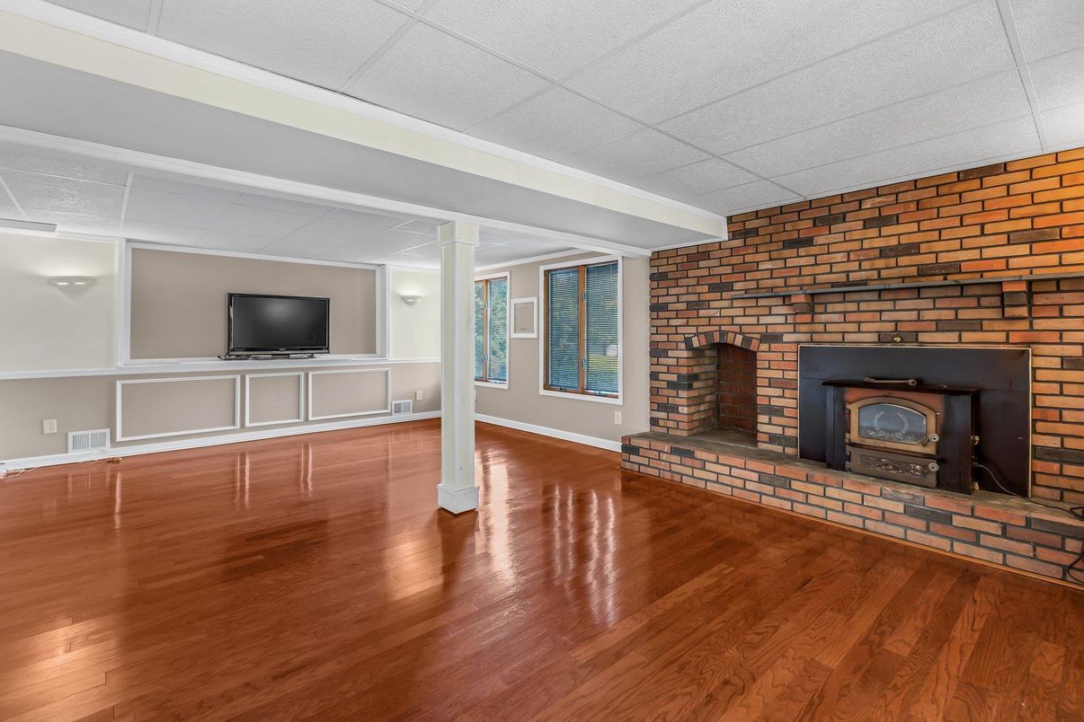 Empty room, Fireplace, Interior, Stone Walls, Wood Texture Flooring