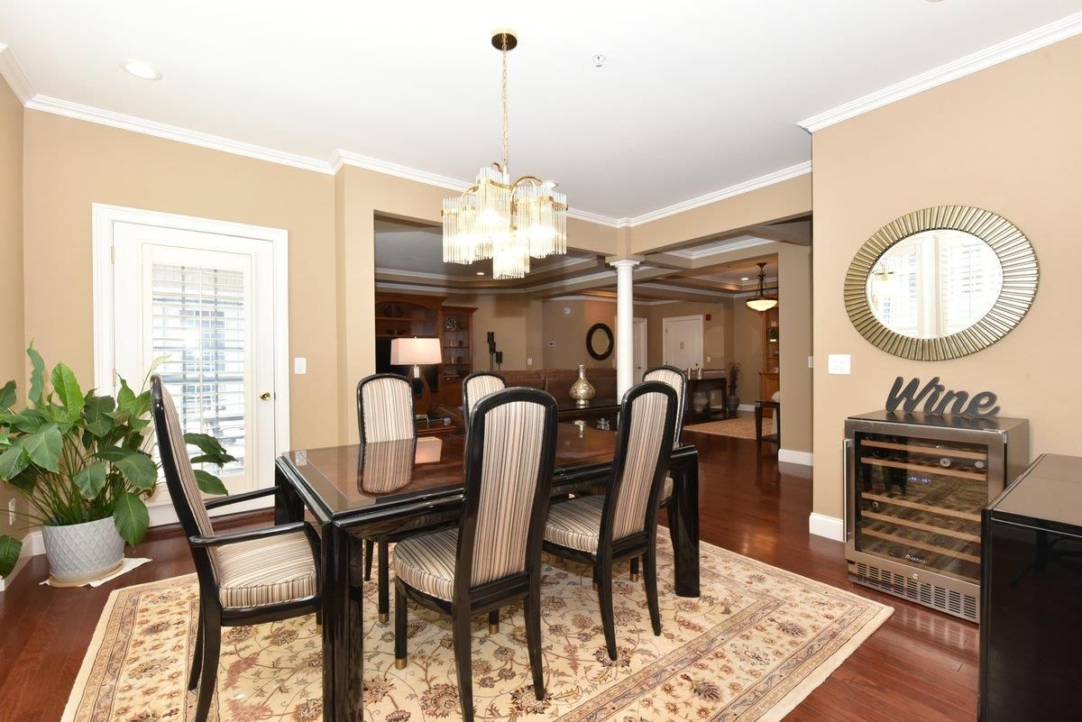 Chandelier, Dining room, Interior, Recessed Lighting, Wood Texture Flooring