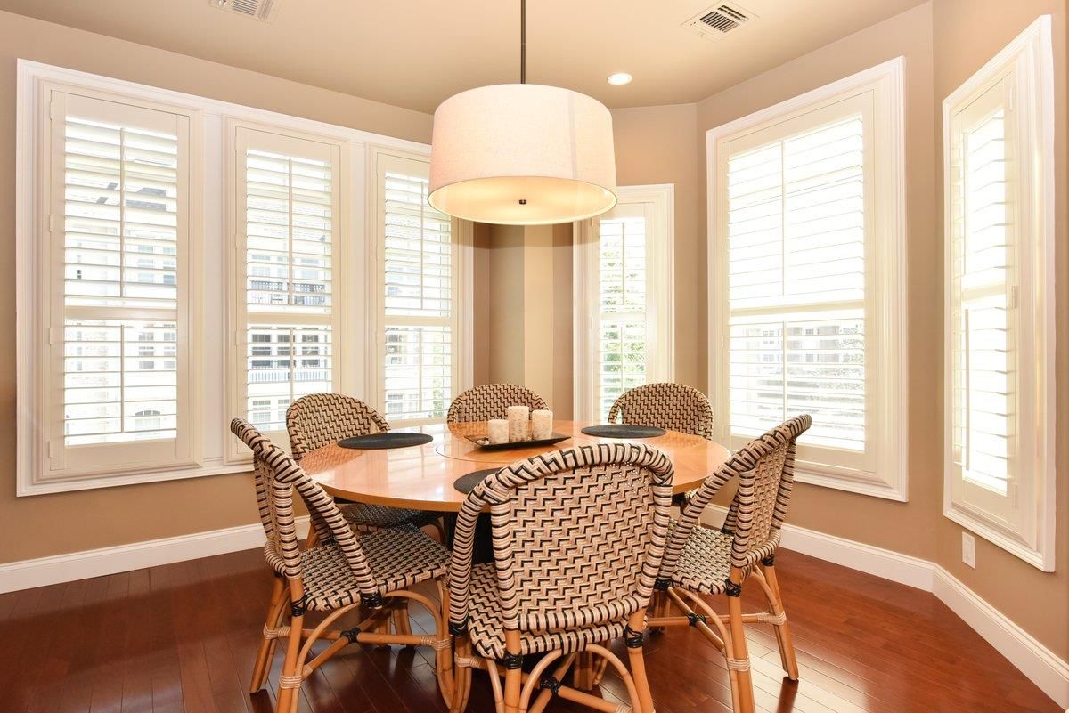 Dining room, Interior, Pendant Lights, Recessed Lighting, Wood Texture Flooring