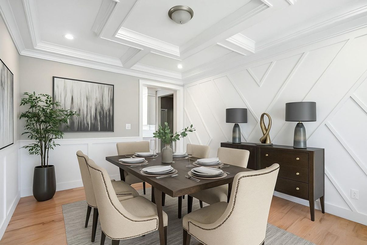 Dining room, Interior, Recessed Lighting, Wood Texture Flooring