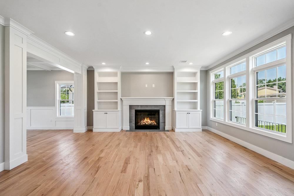 Empty room, Fireplace, Interior, Recessed Lighting, Wood Texture Flooring