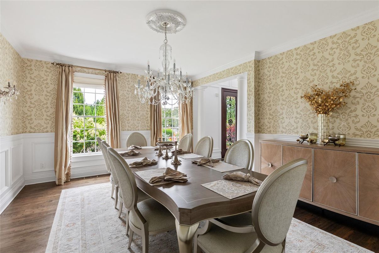 Chandelier, Dining room, Interior, Wood Texture Flooring