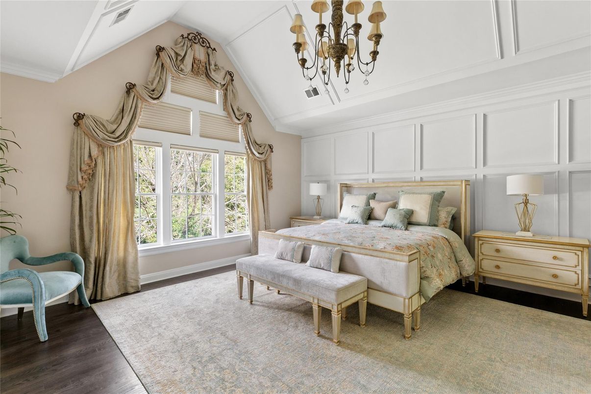 Bedroom, Chandelier, Interior, Wood Texture Flooring