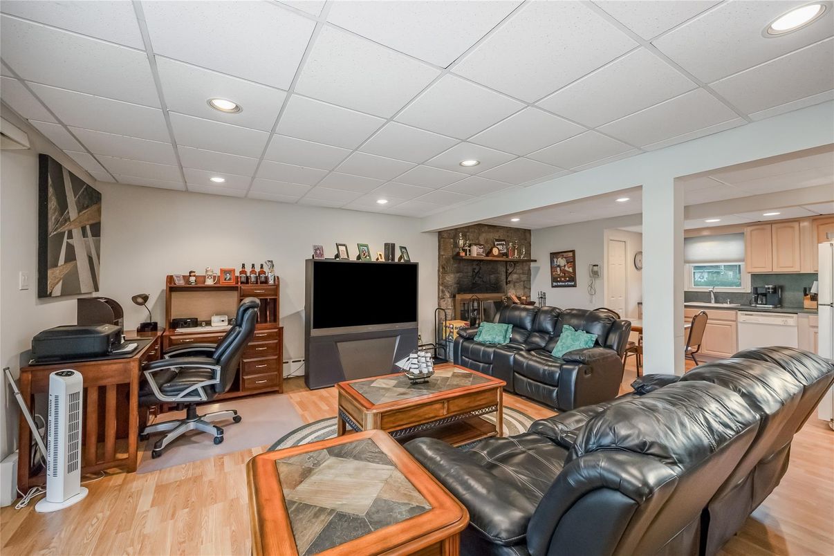 Fireplace, Home Office, Interior, Living room, Recessed Lighting, Wood Texture Flooring