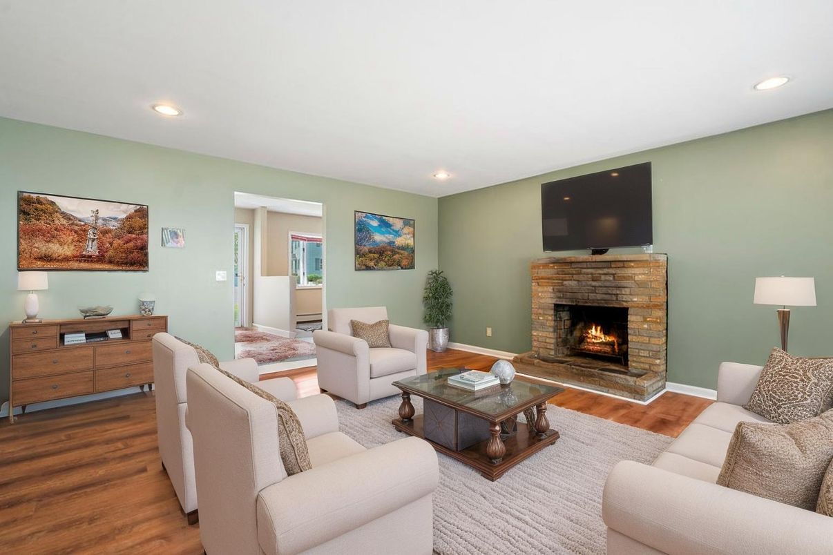 Fireplace, Interior, Living room, Recessed Lighting, Wood Texture Flooring