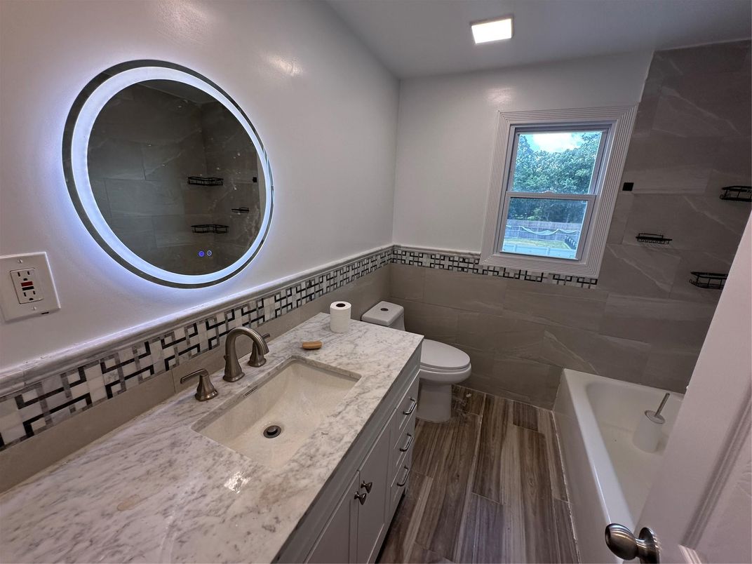 Bathroom, Dual Sink Vanities, Interior, Recessed Lighting, Wood Texture Flooring