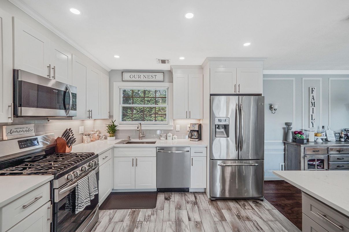 Interior, Kitchen, Recessed Lighting, Stainless Steel Appliances, Wood Texture Flooring