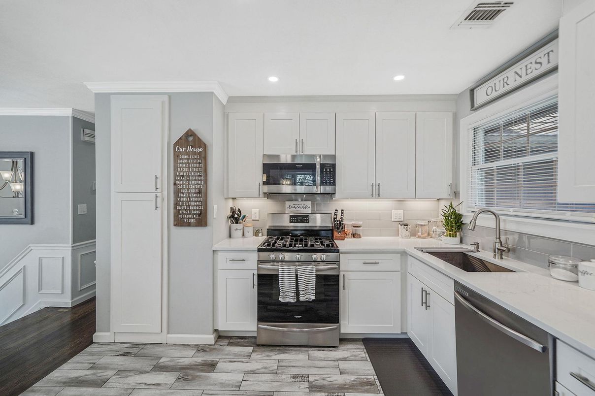 Interior, Kitchen, Recessed Lighting, Stainless Steel Appliances, Wood Texture Flooring