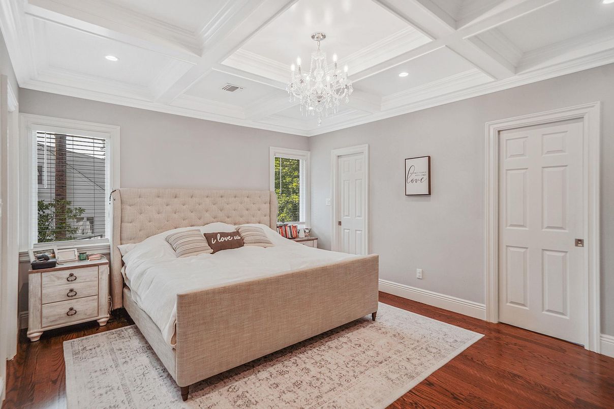 Bedroom, Chandelier, Interior, Recessed Lighting, Wood Texture Flooring