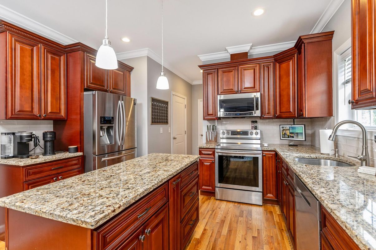 Interior, Kitchen, Pendant Lights, Recessed Lighting, Stainless Steel Appliances, Wood Texture Flooring