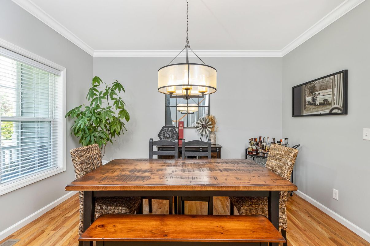 Dining room, Interior, Pendant Lights, Wood Texture Flooring