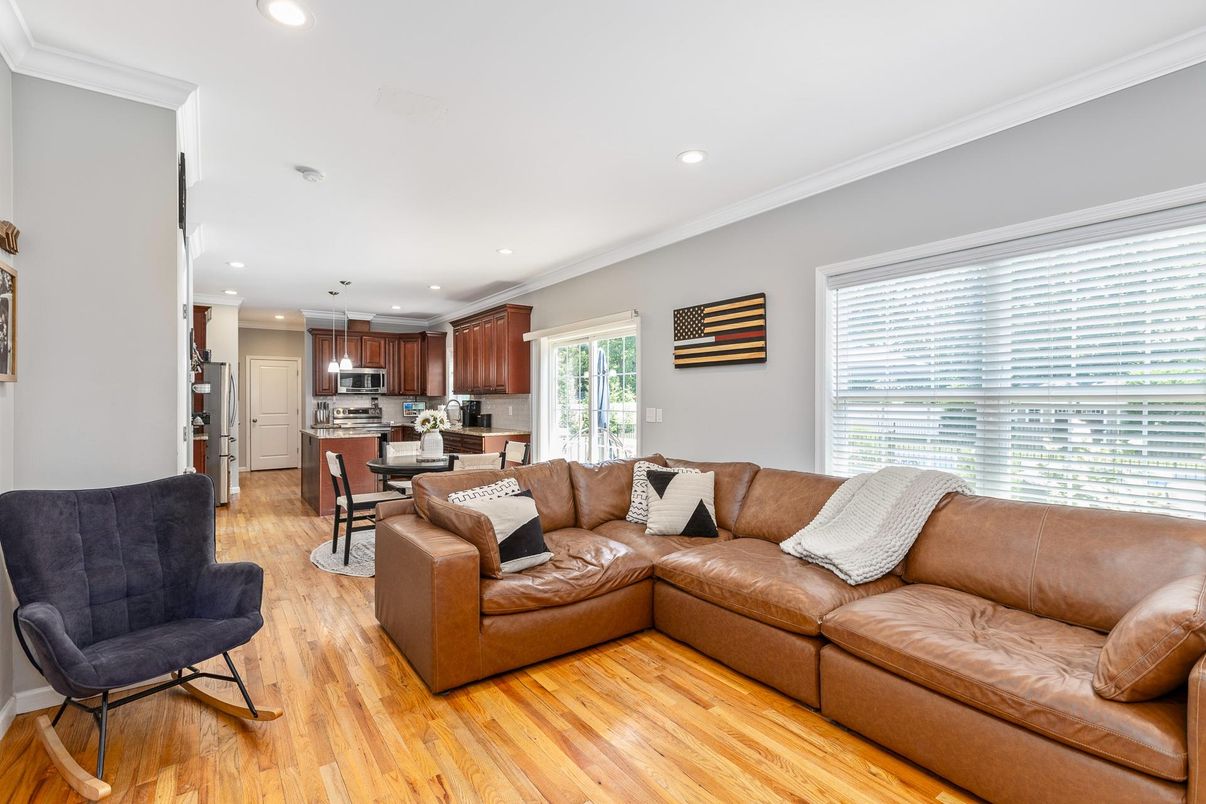 Dining room, Interior, Kitchen, Living room, Recessed Lighting, Stainless Steel Appliances, Wood Texture Flooring