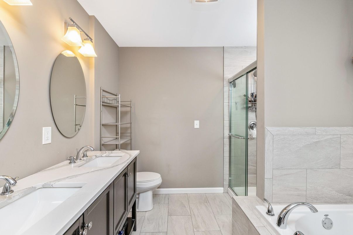 Bathroom, Dual Sink Vanities, Glass Shower, Interior, Wood Texture Flooring