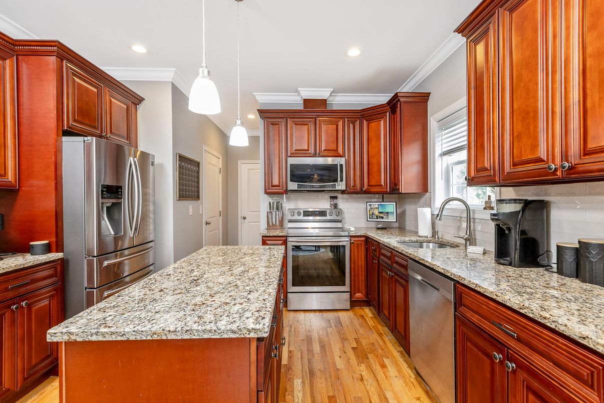 Interior, Kitchen, Pendant Lights, Recessed Lighting, Stainless Steel Appliances, Wood Texture Flooring